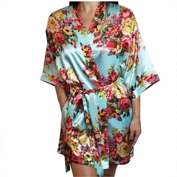 Kimono Robe Floral Satin Aqua Green with Pockets and Belt XS - Picture 5 of 5